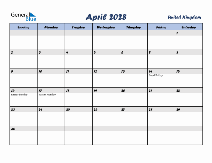 April 2028 Calendar with Holidays in United Kingdom