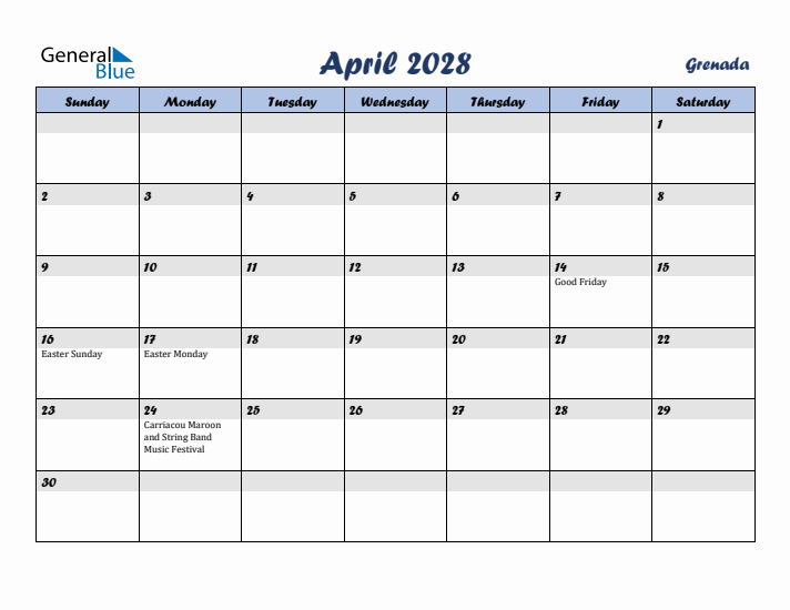 April 2028 Calendar with Holidays in Grenada