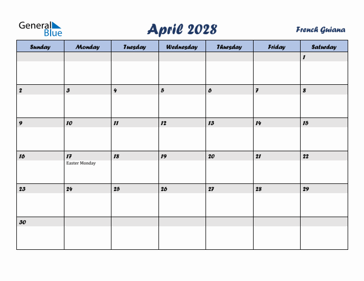April 2028 Calendar with Holidays in French Guiana