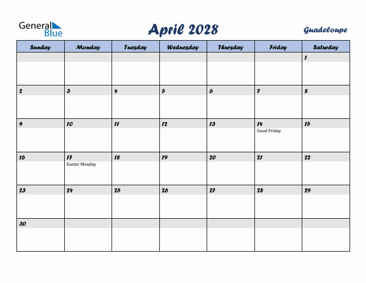 April 2028 Calendar with Holidays in Guadeloupe