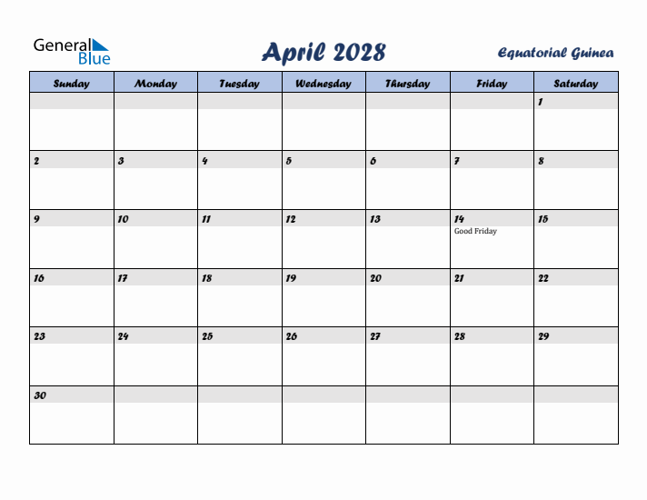 April 2028 Calendar with Holidays in Equatorial Guinea
