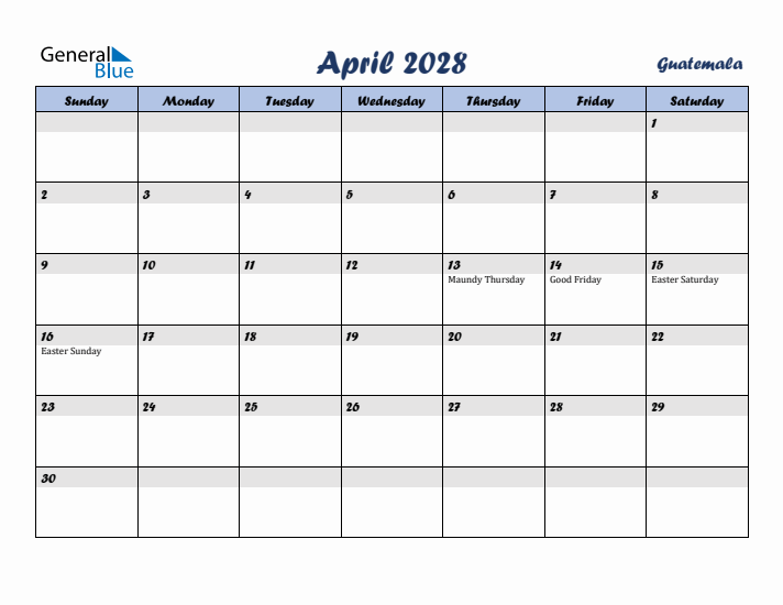 April 2028 Calendar with Holidays in Guatemala