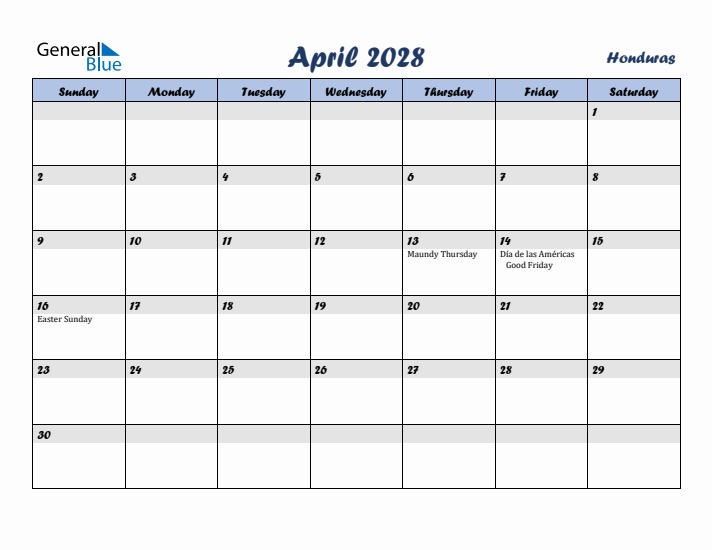 April 2028 Calendar with Holidays in Honduras