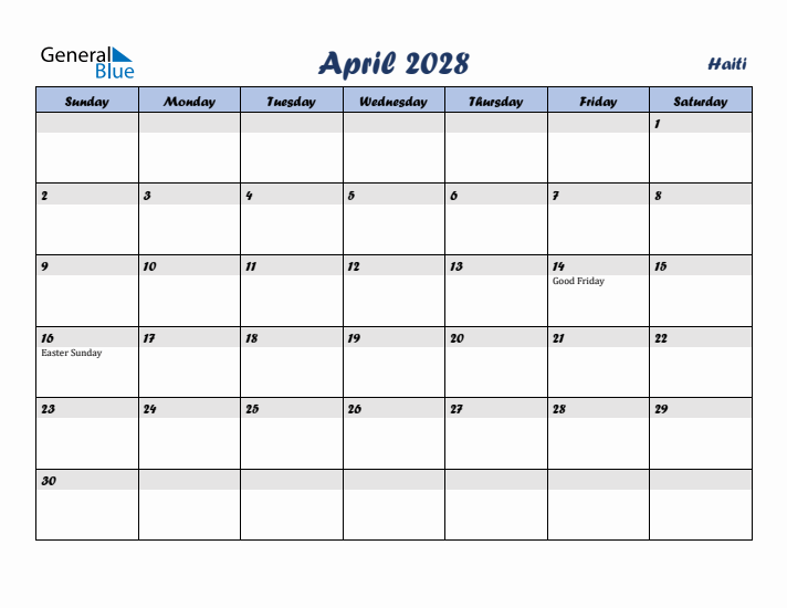 April 2028 Calendar with Holidays in Haiti
