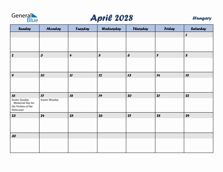 April 2028 Calendar with Holidays in Hungary