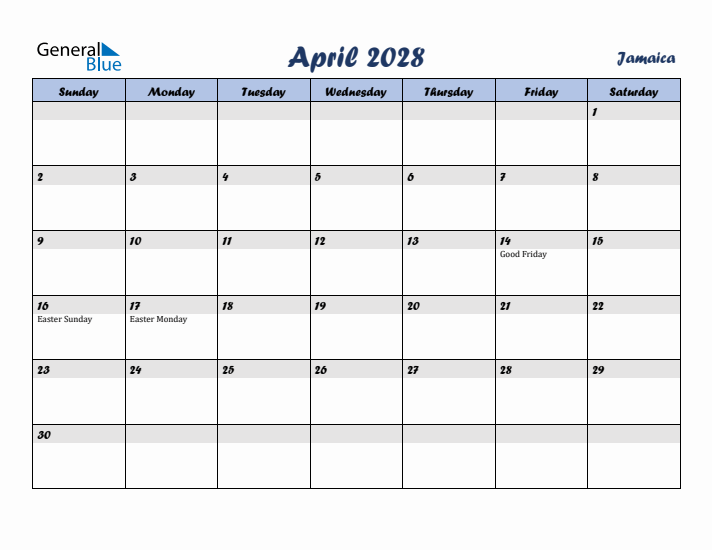 April 2028 Calendar with Holidays in Jamaica