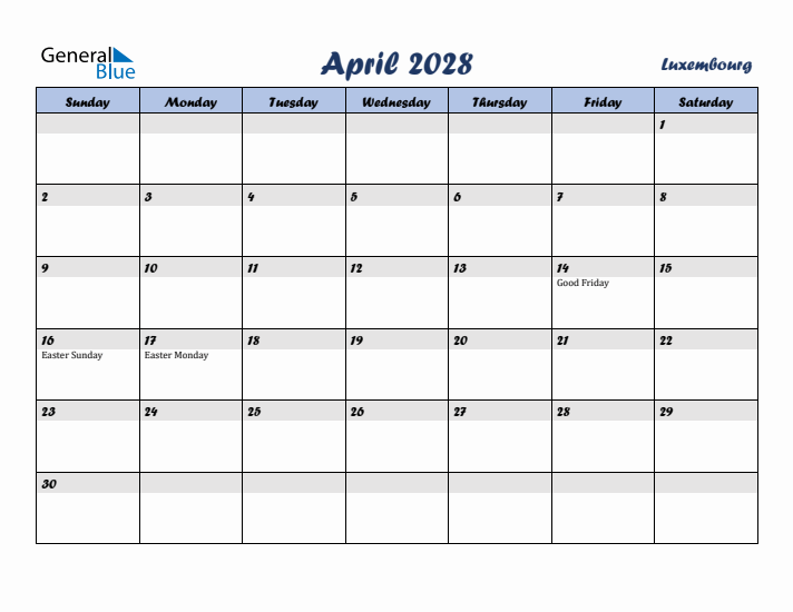 April 2028 Calendar with Holidays in Luxembourg