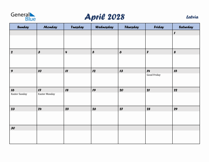 April 2028 Calendar with Holidays in Latvia