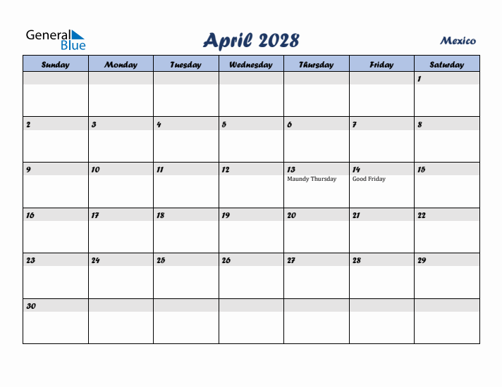 April 2028 Calendar with Holidays in Mexico