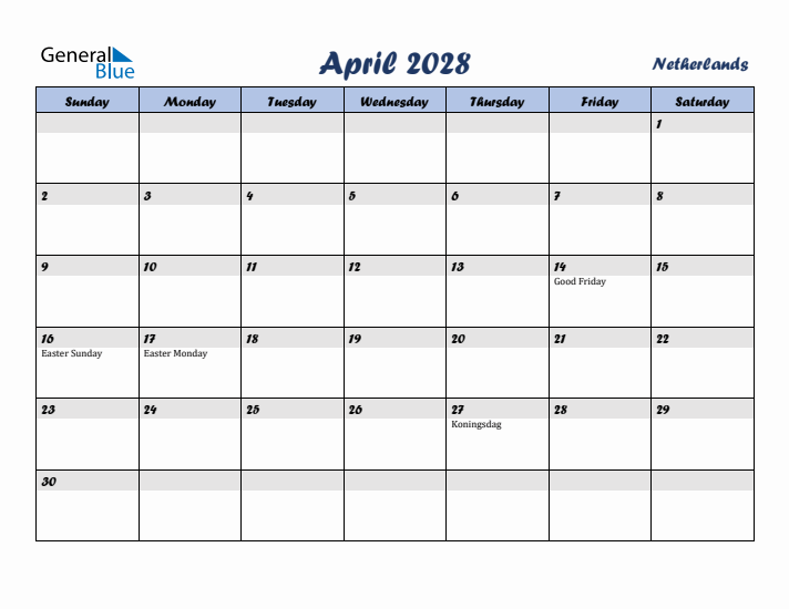 April 2028 Calendar with Holidays in The Netherlands