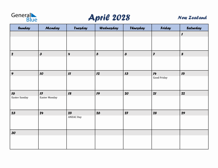 April 2028 Calendar with Holidays in New Zealand