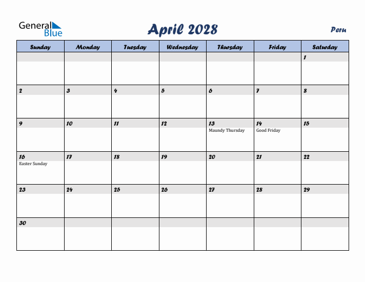 April 2028 Calendar with Holidays in Peru