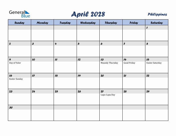 April 2028 Calendar with Holidays in Philippines