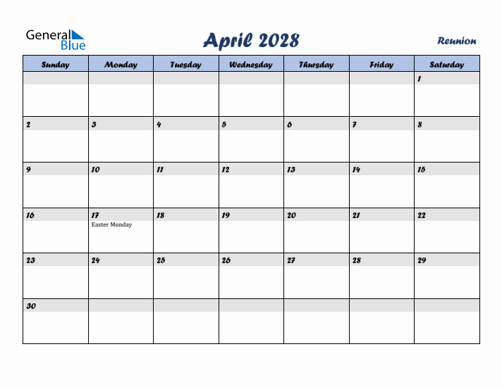 April 2028 Calendar with Holidays in Reunion