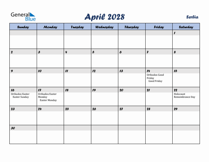 April 2028 Calendar with Holidays in Serbia