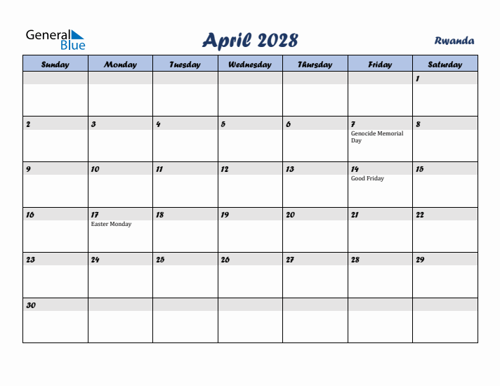 April 2028 Calendar with Holidays in Rwanda