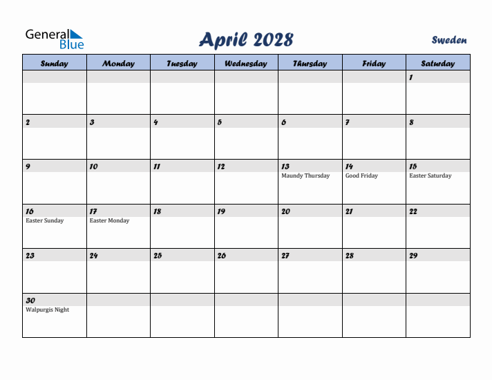 April 2028 Calendar with Holidays in Sweden