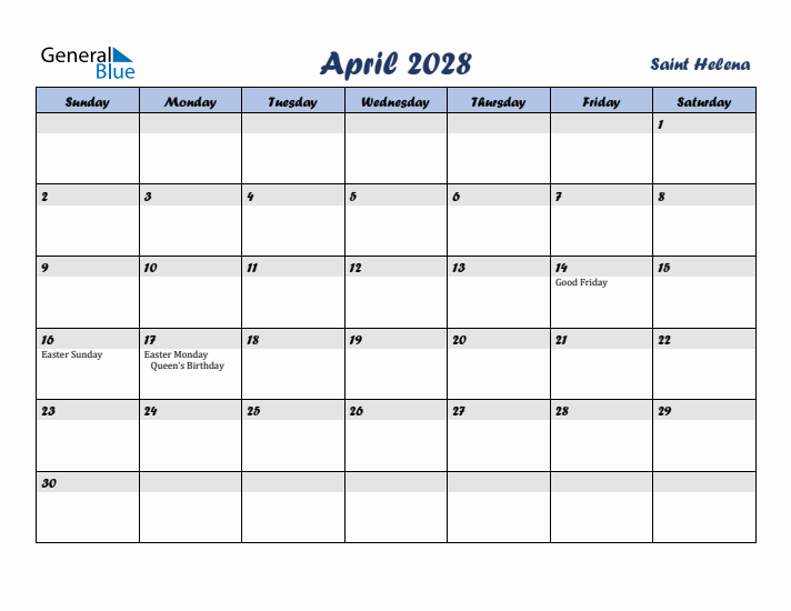 April 2028 Calendar with Holidays in Saint Helena