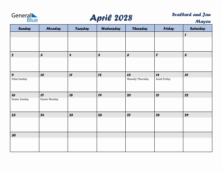 April 2028 Calendar with Holidays in Svalbard and Jan Mayen