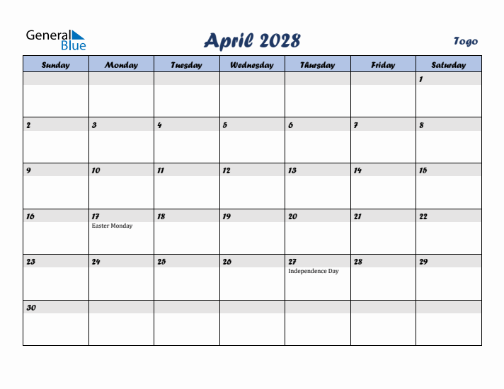 April 2028 Calendar with Holidays in Togo