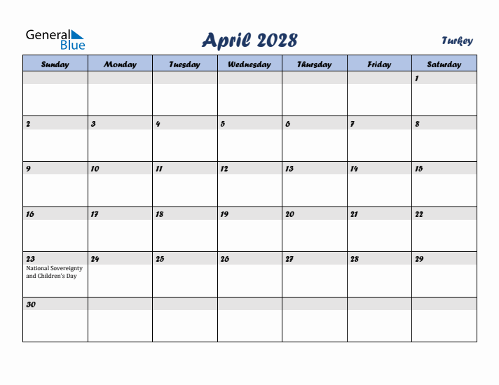 April 2028 Calendar with Holidays in Turkey