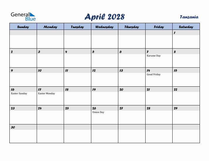 April 2028 Calendar with Holidays in Tanzania