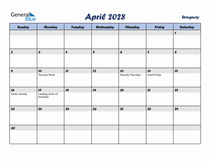 April 2028 Calendar with Holidays in Uruguay