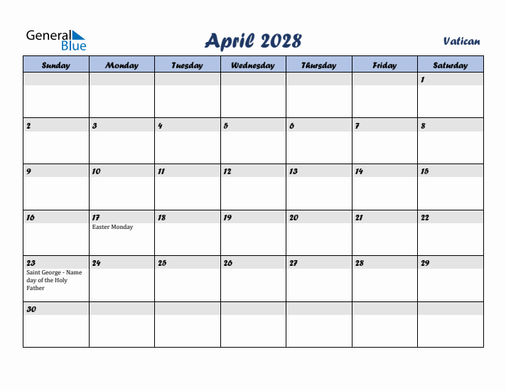 April 2028 Calendar with Holidays in Vatican