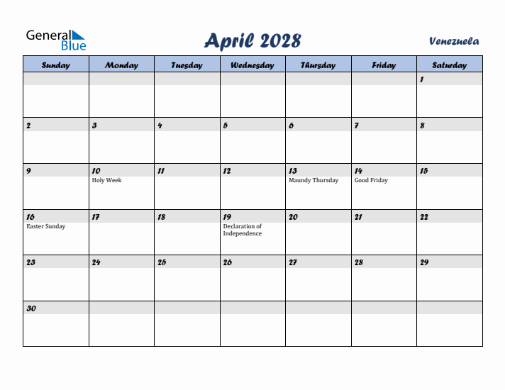 April 2028 Calendar with Holidays in Venezuela