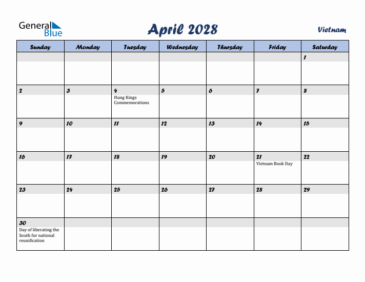 April 2028 Calendar with Holidays in Vietnam