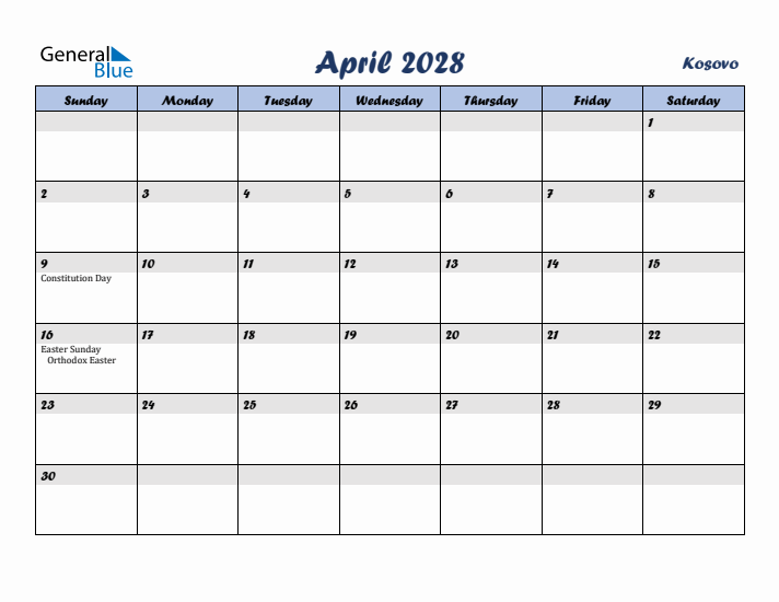 April 2028 Calendar with Holidays in Kosovo