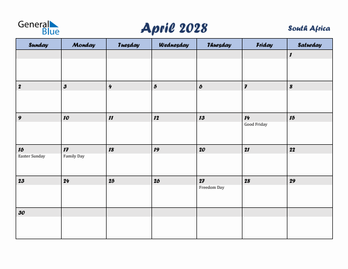 April 2028 Calendar with Holidays in South Africa