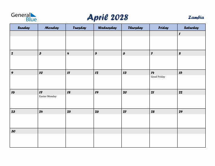 April 2028 Calendar with Holidays in Zambia
