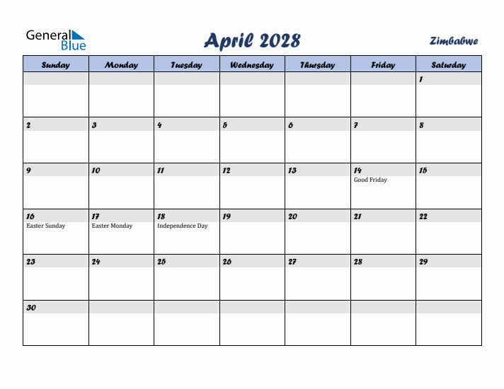 April 2028 Calendar with Holidays in Zimbabwe