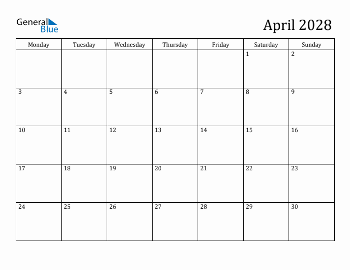 April 2028 Monday Start Calendar Pdf Excel Word