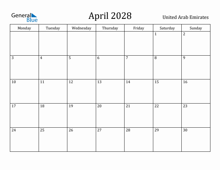 April 2028 Calendar United Arab Emirates
