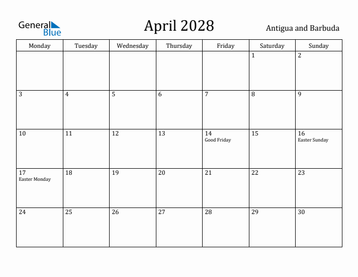 April 2028 Calendar Antigua and Barbuda