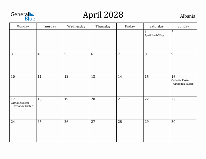 April 2028 Calendar Albania