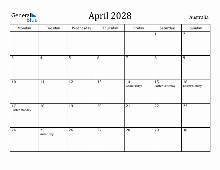 April 2028 Calendar Australia