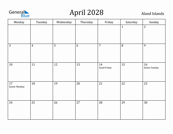 April 2028 Calendar Aland Islands