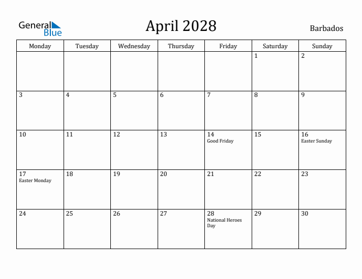 April 2028 Calendar Barbados