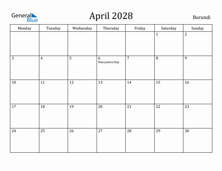 April 2028 Calendar Burundi