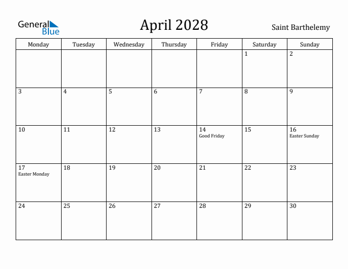 April 2028 Calendar Saint Barthelemy