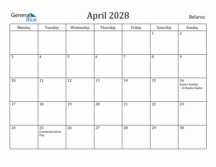 April 2028 Calendar Belarus