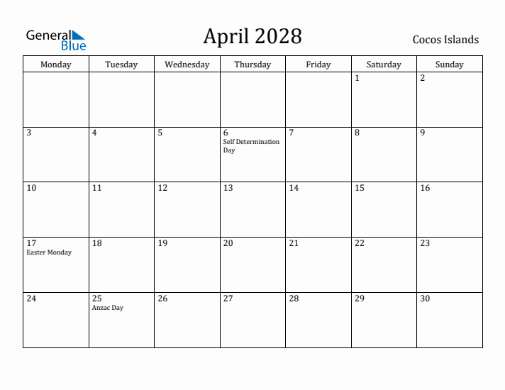April 2028 Calendar Cocos Islands