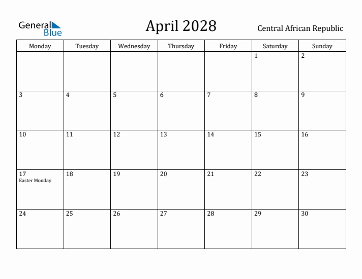 April 2028 Calendar Central African Republic