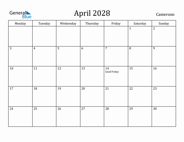 April 2028 Calendar Cameroon