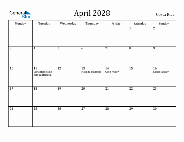 April 2028 Calendar Costa Rica