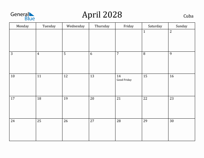 April 2028 Calendar Cuba