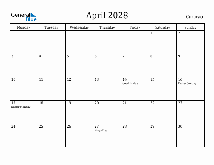 April 2028 Calendar Curacao